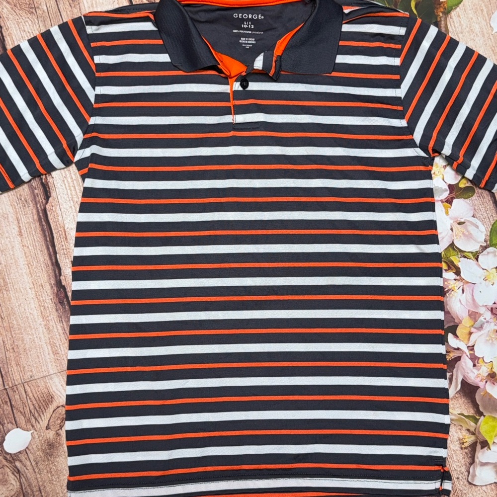 George Kids Polo Shirt - charcoal, White, and Orange Stripes